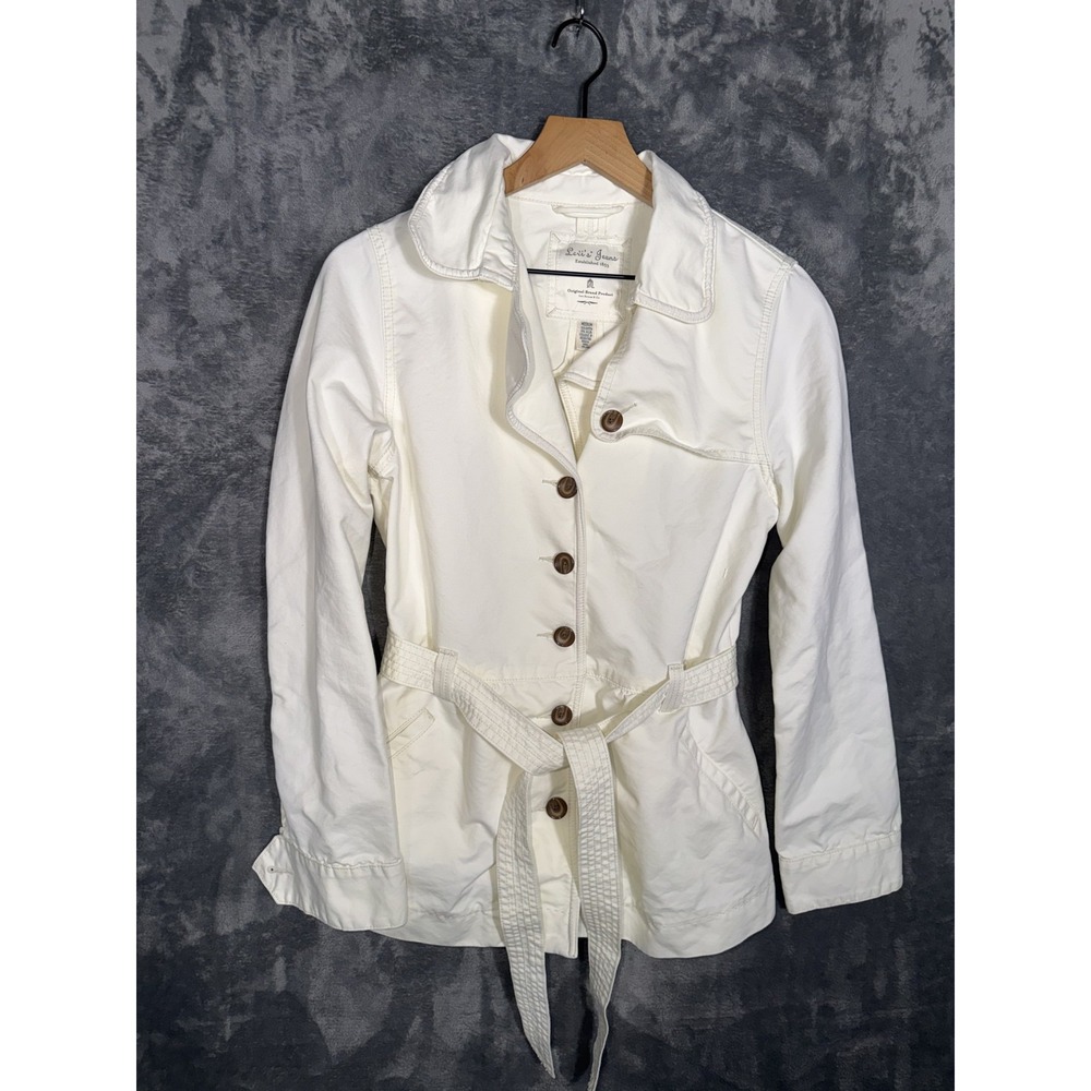 Levis Jeans Womens Jacket Medium Cream Belted Button Trench Cotton Nylon